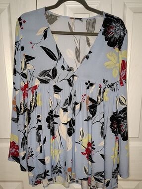 Free People Pastel Blue Floral Long Sleeve Blouse Size Small